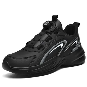 Black athletic sneakers with rotary buckle dial and shock-absorbing soles for outdoor sports