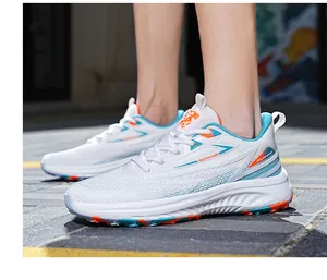 Detail view of lightweight mesh running shoes with blue and orange dynamic stripes