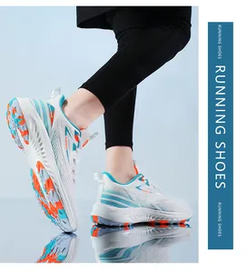 Dynamic side view of lightweight white mesh running shoes with blue and orange accents