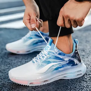 Men's blue and white gradient chunky running shoes with a transparent air cushion sole