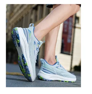 Close-up of lightweight blue mesh sneakers with cushioned sole for running and outdoor sports