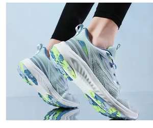 Macro view of light blue mesh running shoes featuring thick white cushioned outsoles
