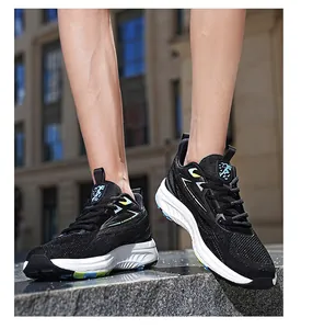 Detail of black breathable mesh running shoes with white EVA soles on an urban runner