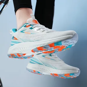 Men's lightweight white running sneakers with blue and orange accents on breathable mesh