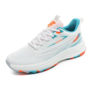 Lightweight breathable mesh running shoes in white with orange and blue accents