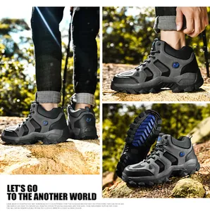 Detail showing the thick anti-slip rubber outsole of high-top outdoor hiking shoes
