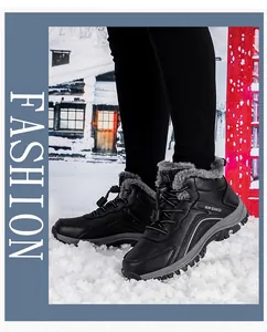 Detail view of winter high-top boots with thick faux fur lining and anti-slip rubber sole