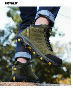 Side view of olive green high-top hiking boots with rugged anti-slip yellow accents
