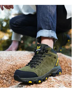 Close-up of waterproof high-top hiking boot with durable rubber toe and non-slip sole