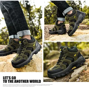 Detail of high-top hiking boots featuring reinforced toe and rugged rubber outsole