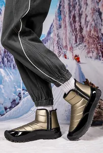 Detail of waterproof snow boot featuring side zipper and metallic quilted finish on snow