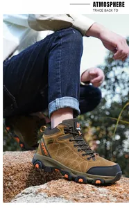 Professional high-top waterproof hiking boots for men shown in a rugged outdoor setting