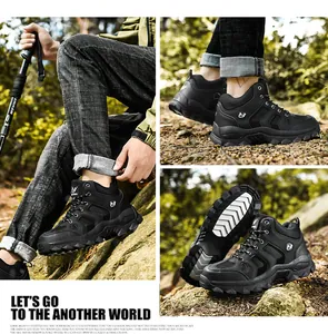 Detailed views of high-top hiking boots featuring rugged grip soles and ankle support