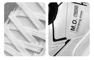 Macro detail of breathable mesh upper with flat woven laces on white athletic shoes