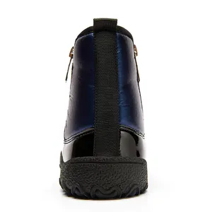 Rear view of waterproof winter snow boots with blue nylon upper and non-slip rubber soles