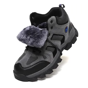 Detail of high-top hiking boots with warm faux fur lining and anti-slip rubber soles