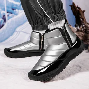 Mens waterproof silver quilted snow boots with dual zippers and non-slip rubber soles