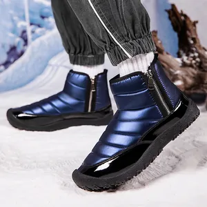 Waterproof navy blue winter snow boots with quilted fabric and thick anti-slip rubber sole