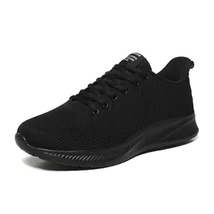Men's lightweight black breathable flyknit running shoes with non-slip athletic sole