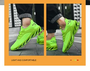 Vues détaillées de baskets en mesh vert fluo avec semelles amortissantes en dents de scie