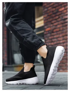 Detail of 3D knit upper and cushioned sole on breathable slip-on walking shoes