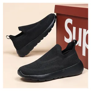 Detail of 3D knit breathable slip-on running shoes with cushioned black soles
