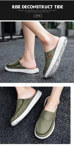 Close-up of olive canvas mules with white rubber soles and red side label detail