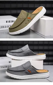 Detail of men's canvas mule sneakers featuring a fashion tag and cork texture insole