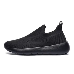Detail of black 3D knit upper showing breathable mesh texture on casual running shoes