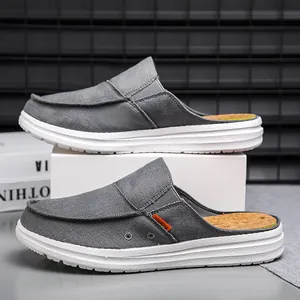 Men's Casual Canvas Mules Loafers Lightweight Breathable Slip-On Clogs Fashion Flat Walking Shoes Grey Green Men Footwear