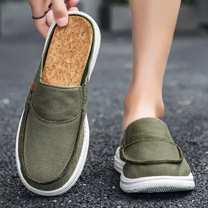 Men's casual canvas mule sneakers in army green with cork insoles and thick white soles
