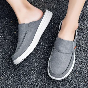 Men's casual grey canvas slip-on mules with white thick sole for summer wear