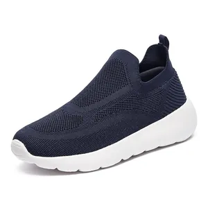 Breathable 3D knit slip-on running shoes in navy blue with cushioned white sole