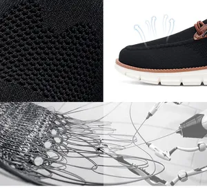Detail view of breathable mesh knit texture and lightweight sole for loafers