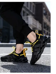 Dynamic side view of breathable mesh sneakers with yellow hollow out soles on street