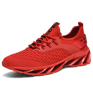 Chaussures de course rouges pour hommes avec tige en tricot respirant et semelles amortissantes