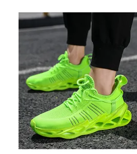 Neon green running sneakers featuring breathable mesh upper and cushioned hollow sole