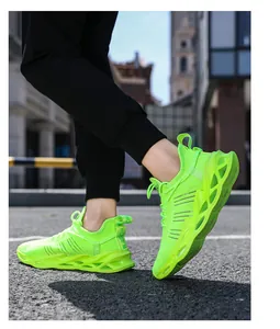 Macro detail of neon green breathable mesh sneakers with unique hollow blade sole design