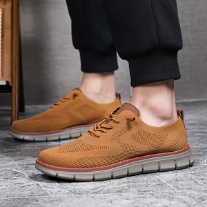 Brown breathable fly knit men's sneakers with non-slip rubber soles and mesh design