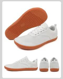 Detailed views of white barefoot running shoes featuring breathable mesh and gum rubber soles