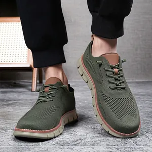 Detail of olive green knit breathable men's loafer with adjustable drawstring laces