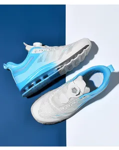 Detail of blue and white mesh running shoe featuring rotating dial closure and air cushion