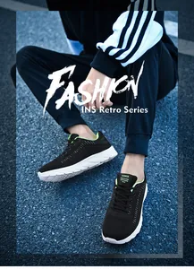 Detail of lightweight breathable knit sneakers with stylish neon green collar piping