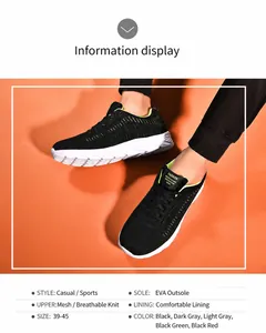 Detail view of breathable knitted running shoes with flexible EVA sole and size chart