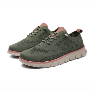 Detail of olive green breathable knit casual loafers with lightweight foam soles
