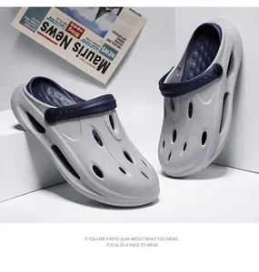 Detail of lightweight grey and navy EVA clogs featuring side ventilation and drainage holes