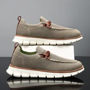 Lightweight khaki knitted loafers for men with breathable mesh and thick white soles