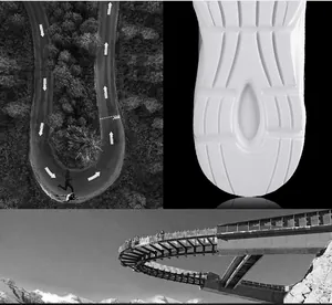 Detailed view of white anti-slip outsole with wavy texture and arch support structure