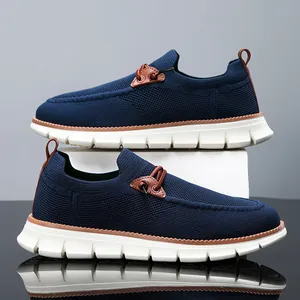 British style men's breathable navy knit loafers with white wedge sole and leather accents