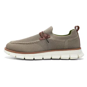British style men's brown breathable knitted loafers with thickened white cushion sole